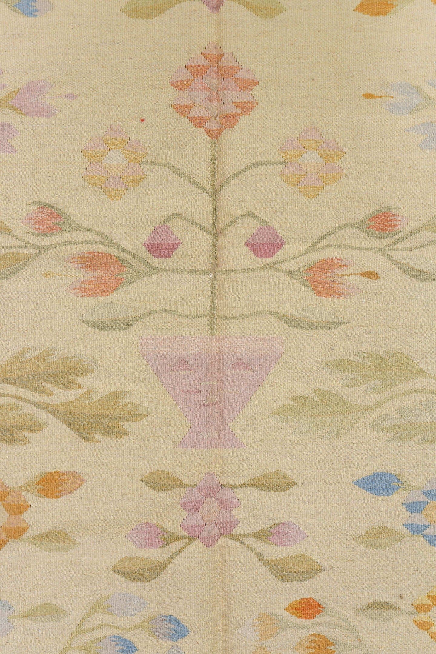 4' x 7' one-of-a-kind handmade antique Besserabian rug. Color palette: ivory, gold, camel, sky_blue, blush, sage, peach