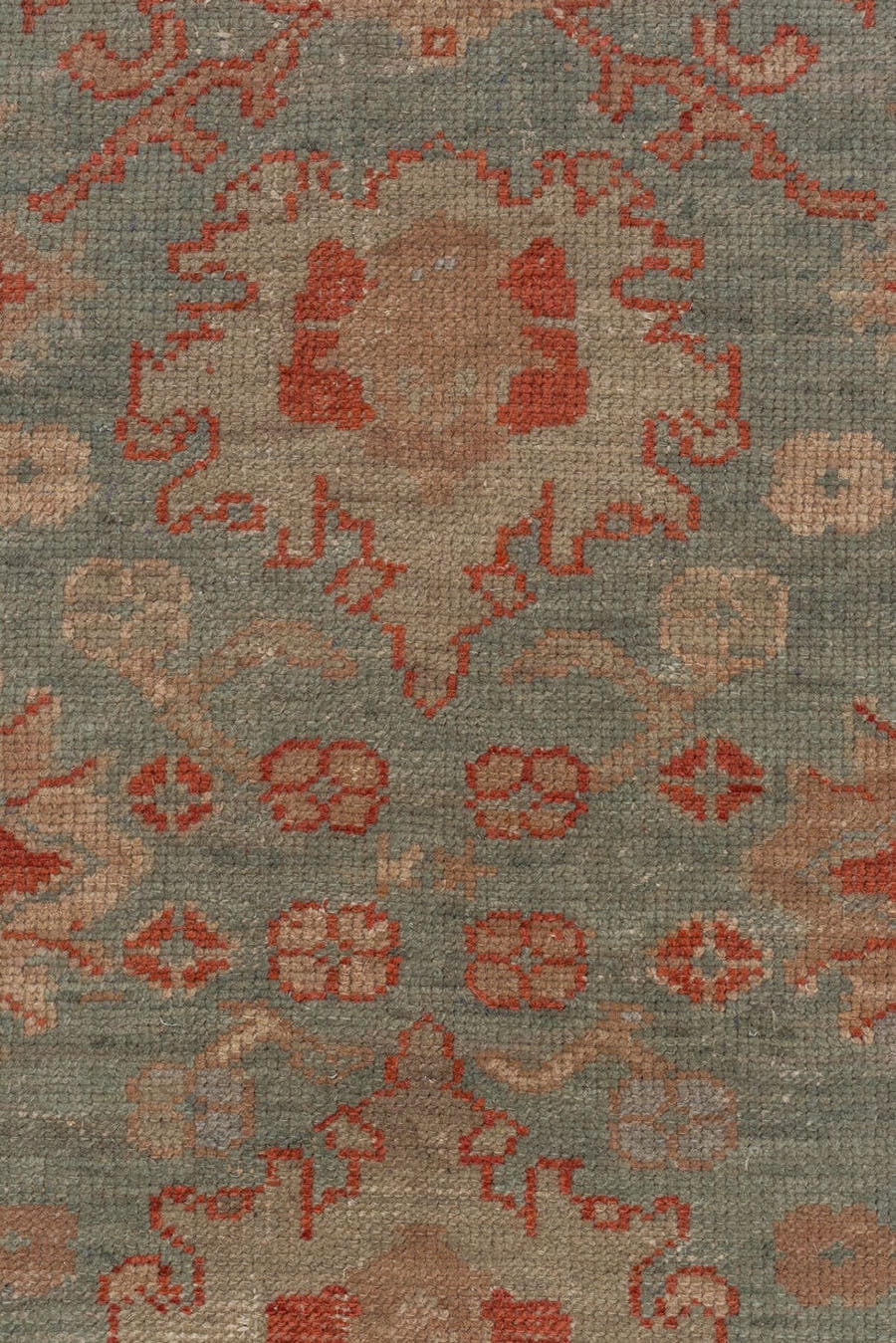 7' x 9' one-of-a-kind handmade antique Oushak rug. Color palette: sage, terra cotta, ivory, taupe, rose, beige, green