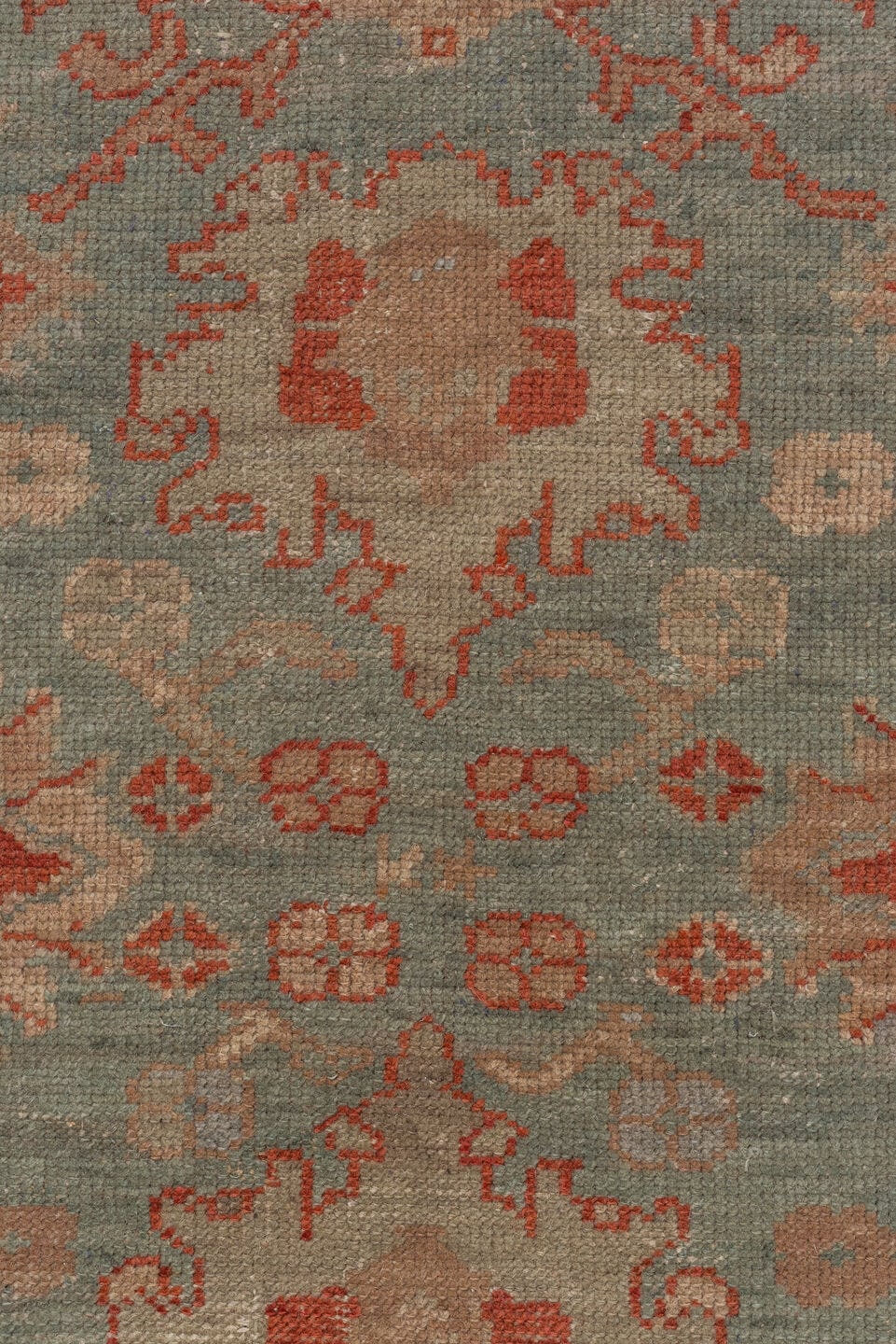 7' x 9' one-of-a-kind handmade antique Oushak rug. Color palette: sage, terra cotta, ivory, taupe, rose, beige, green