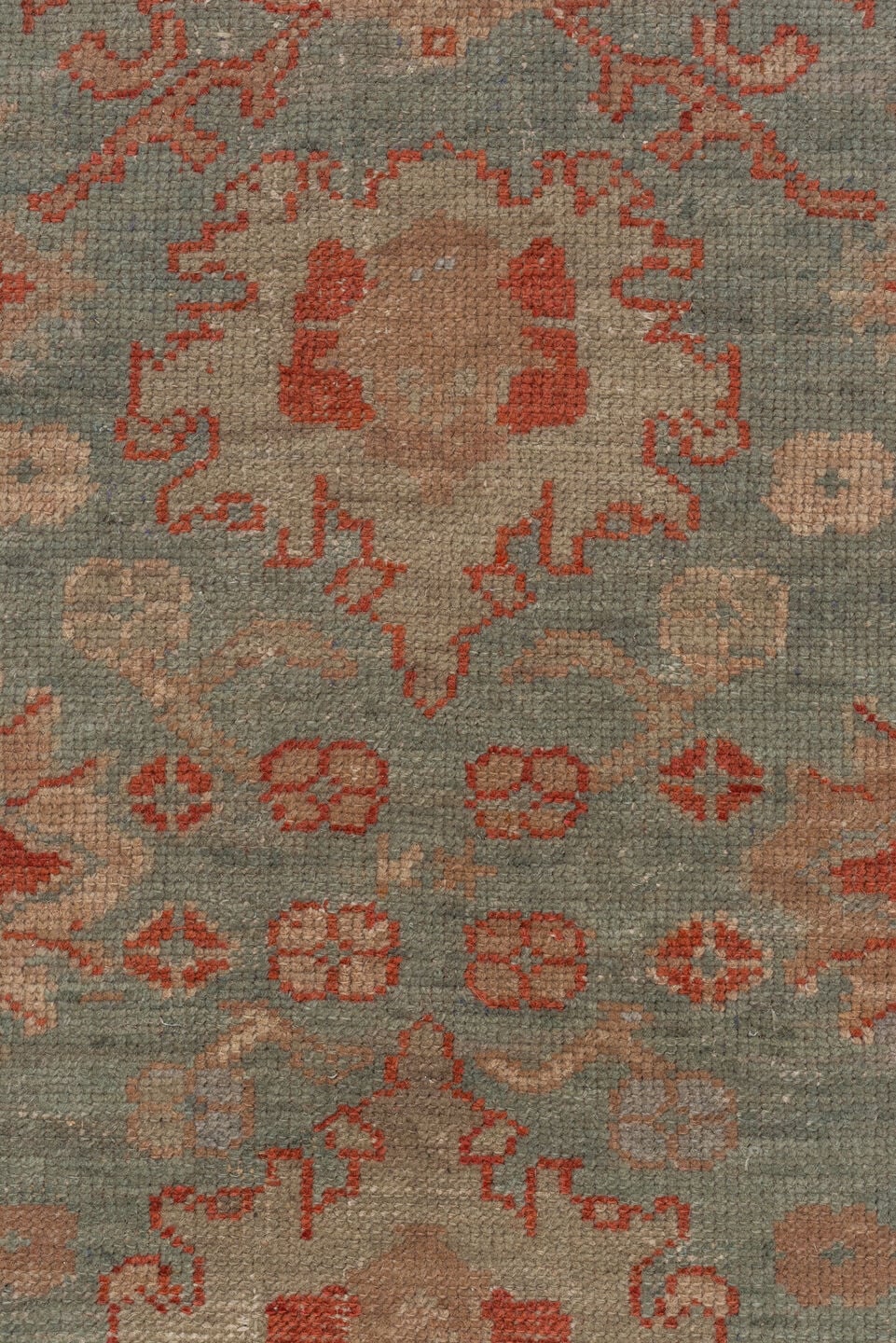 7' x 9' one-of-a-kind handmade antique Oushak rug. Color palette: sage, terra cotta, ivory, taupe, rose, beige, green