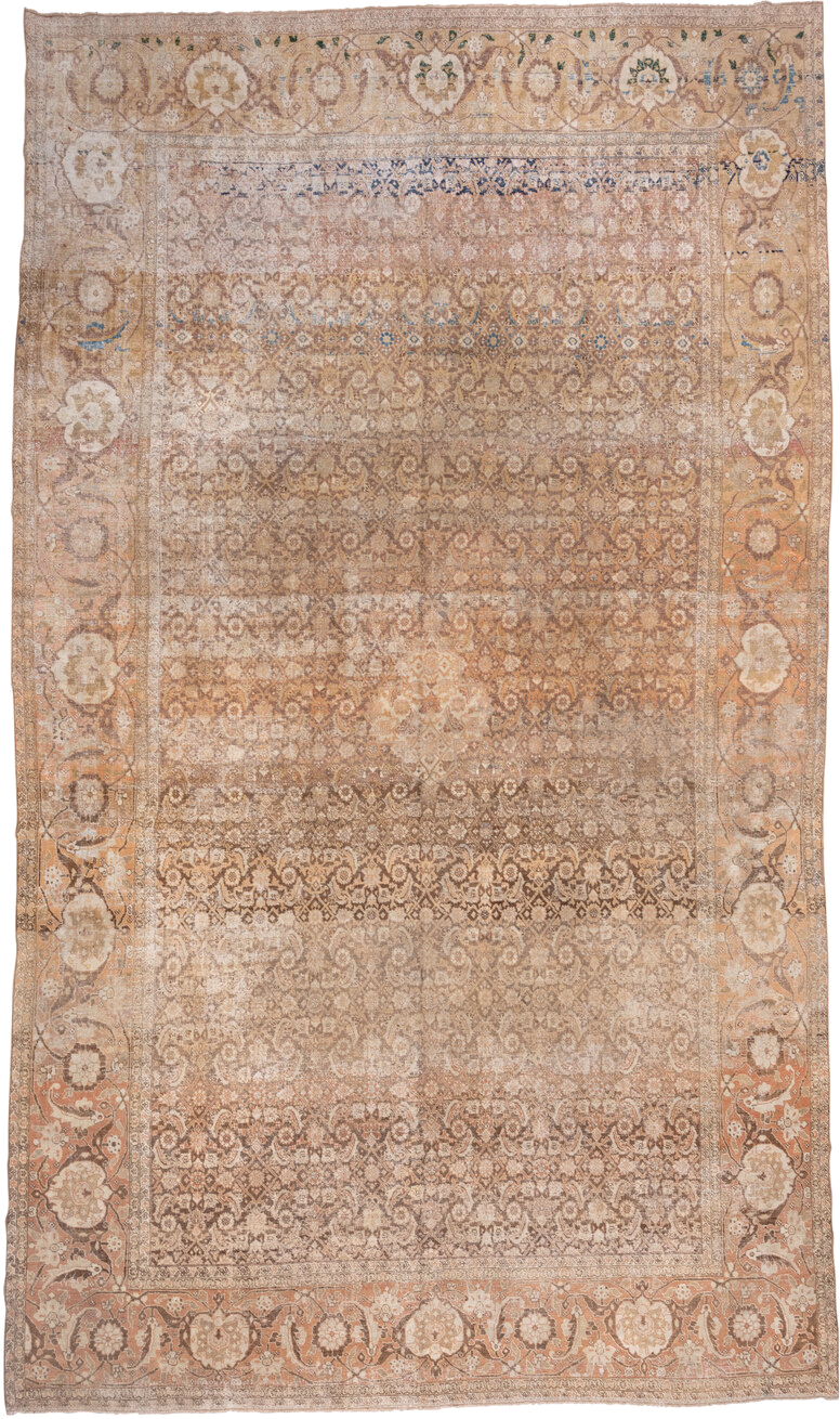10' x 18' one-of-a-kind handmade antique Tabriz rug. Color palette: camel, taupe, ivory, tan, terra cotta, brown, pale blue