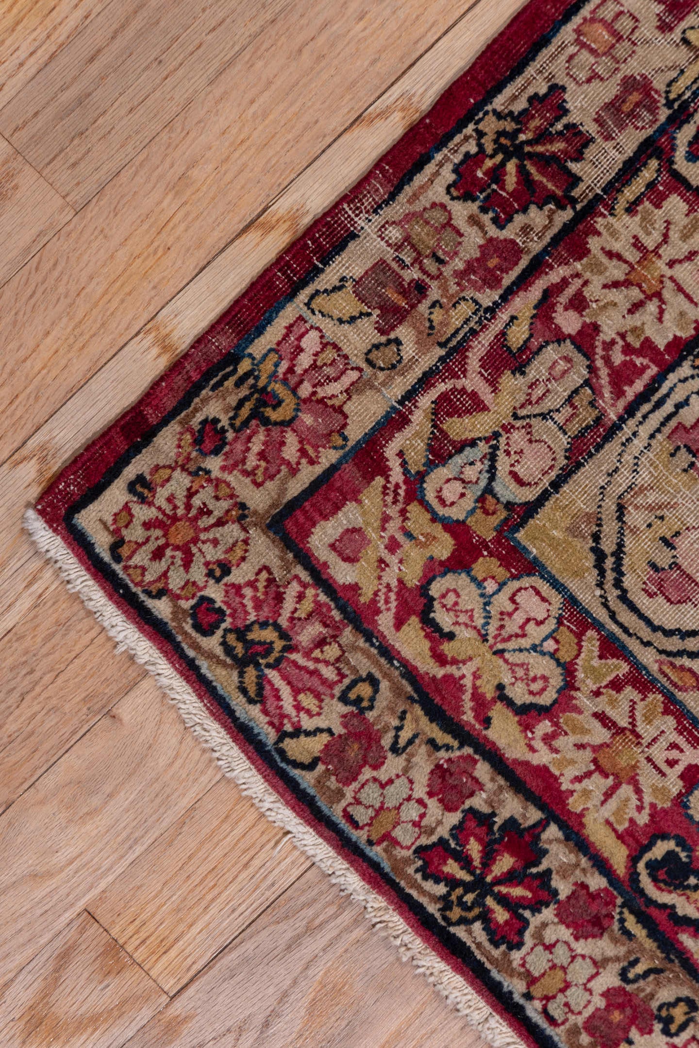 9' x 11' one-of-a-kind handmade antique Lavar large size rug. Color palette: ivory, rose, burgundy, navy, dusty blue, blush