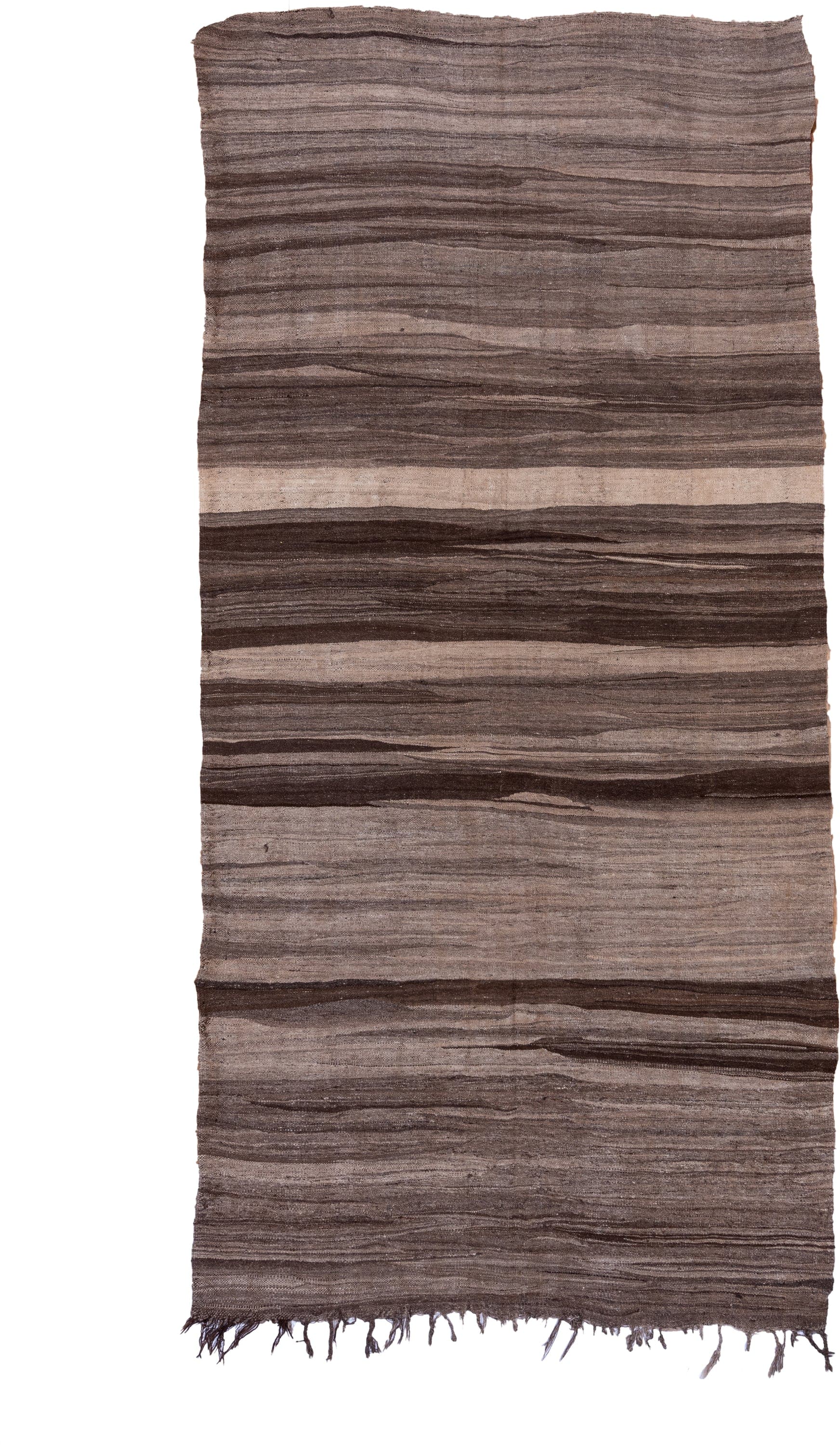5' x 10' one-of-a-kind handmade vintage Kilim medium size rug. Color palette: taupe, brown, charcoal, mushroom, ivory, beige