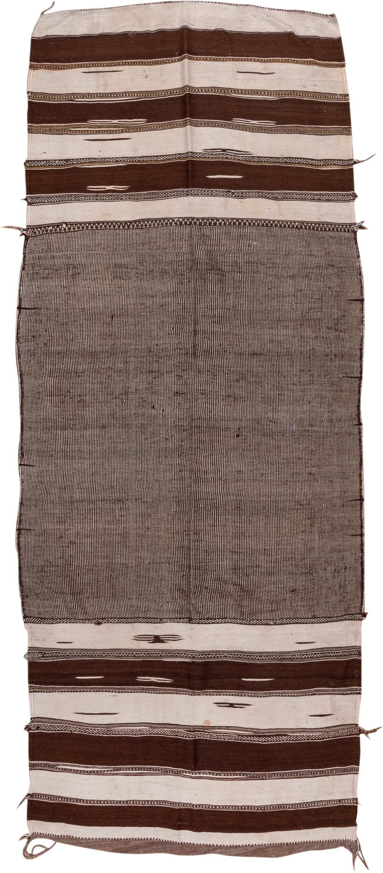 4' x 11' one-of-a-kind handmade vintage Kilim runner rug. Color palette: taupe, brown, ivory, charcoal, beige, gray, black