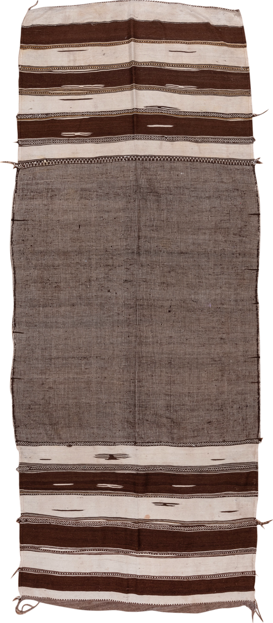 4' x 11' one-of-a-kind handmade vintage Kilim runner rug. Color palette: taupe, brown, ivory, charcoal, beige, gray, black