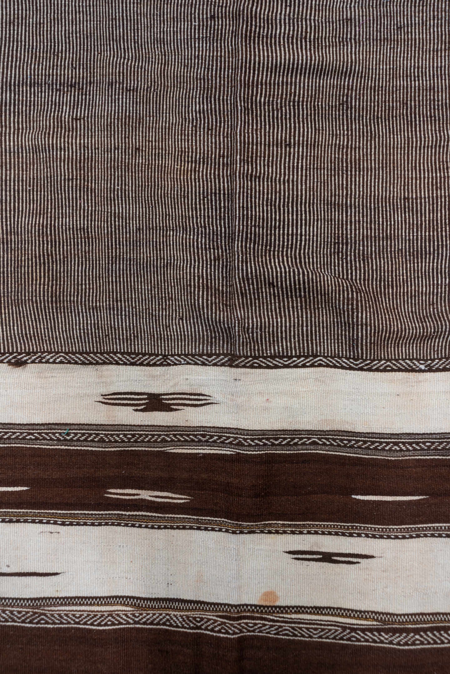 4' x 11' one-of-a-kind handmade vintage Kilim runner rug. Color palette: taupe, brown, ivory, charcoal, beige, gray, black