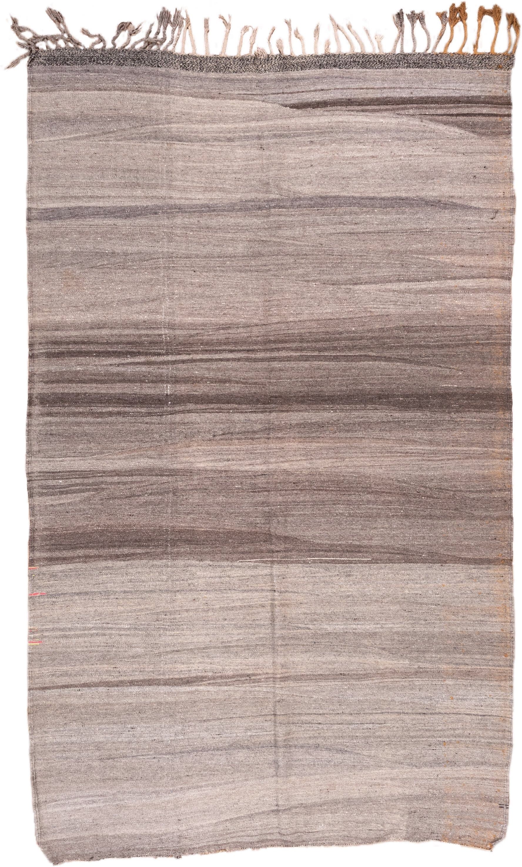 5' x 8' one-of-a-kind handmade vintage Kilim medium size rug. Color palette: taupe, brown, gray, charcoal, ivory, beige