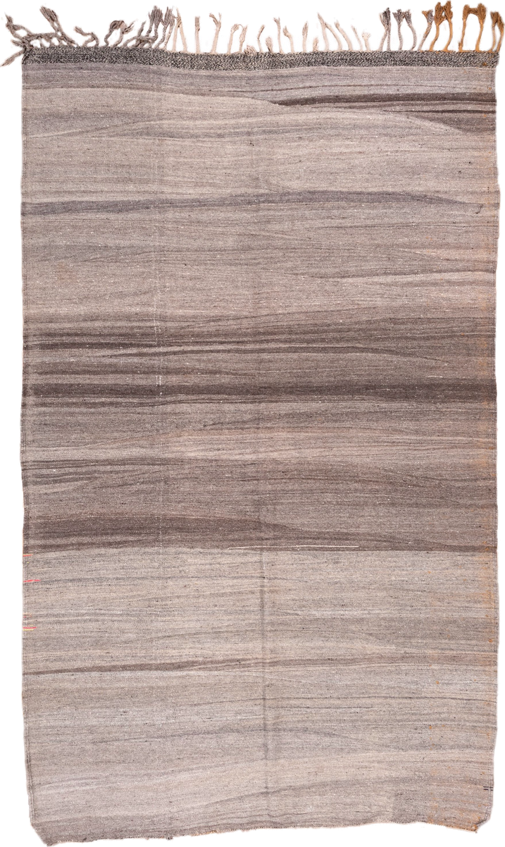 5' x 8' one-of-a-kind handmade vintage Kilim medium size rug. Color palette: taupe, brown, gray, charcoal, ivory, beige