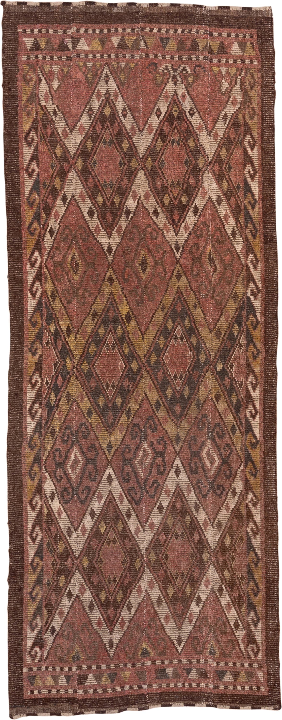 4' x 12' one-of-a-kind handmade antique Ouzbek runner rug. Color palette: rose, brown, ivory, ochre, mahogany, taupe, pink