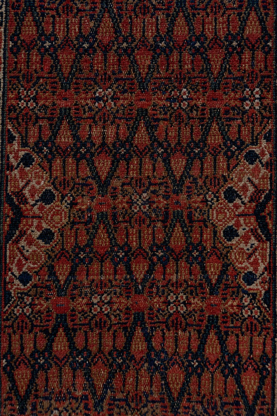 2' x 15' one-of-a-kind handmade antique Cam Hamadan runner rug. Color palette: terra cotta, navy, camel, rust, ivory, brown