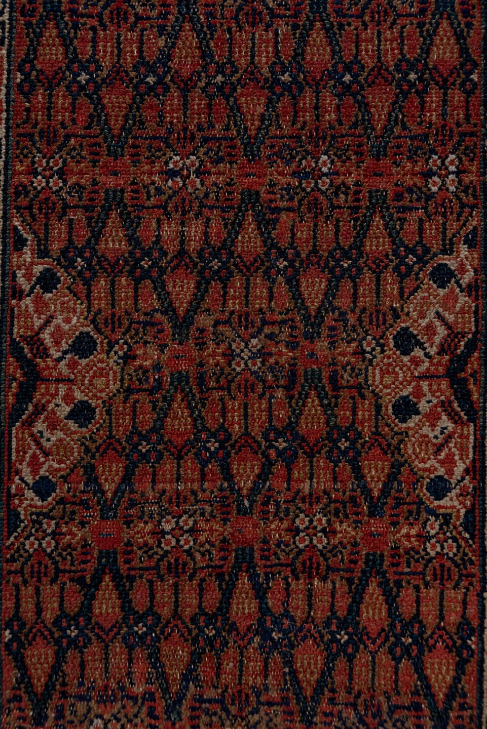 2' x 15' one-of-a-kind handmade antique Cam Hamadan runner rug. Color palette: terra cotta, navy, camel, rust, ivory, brown