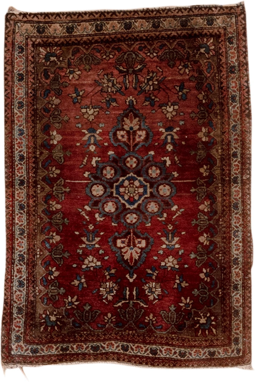 1' x 2' one-of-a-kind handmade antique Sarouk small size rug. Color palette: rust, burgundy, ivory, navy, camel, rose, brown