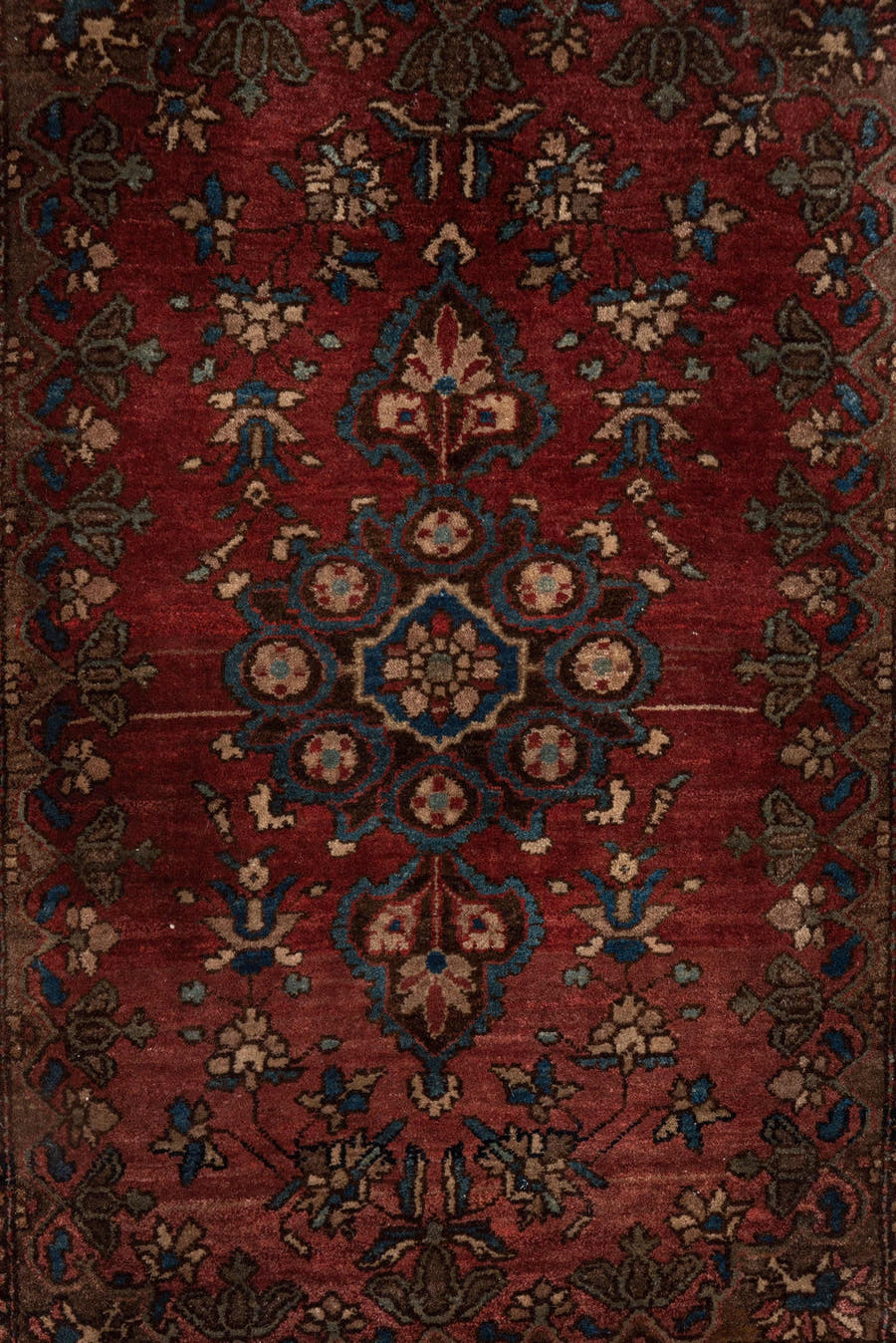 1' x 2' one-of-a-kind handmade antique Sarouk small size rug. Color palette: rust, burgundy, ivory, navy, camel, rose, brown