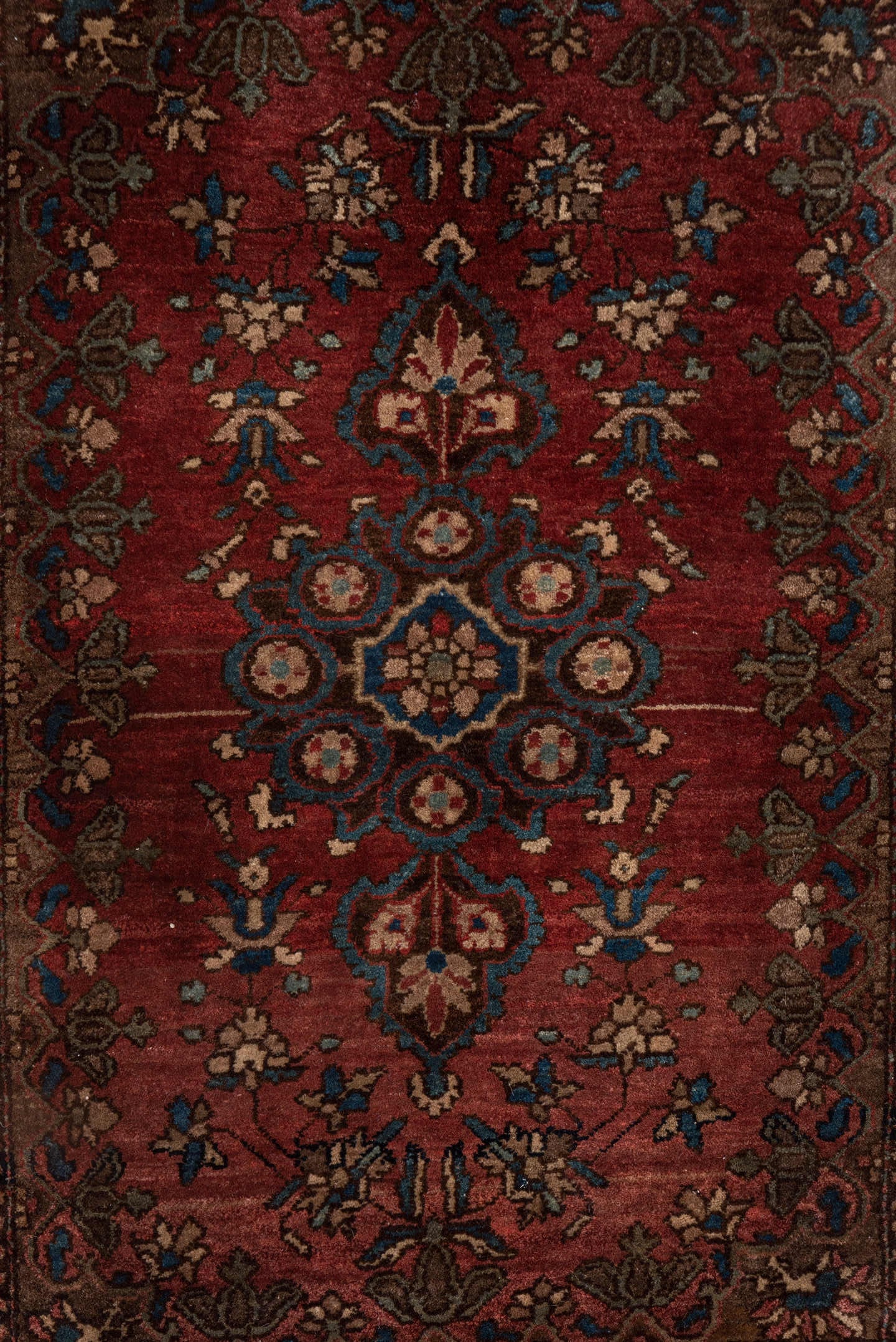 1' x 2' one-of-a-kind handmade antique Sarouk small size rug. Color palette: rust, burgundy, ivory, navy, camel, rose, brown