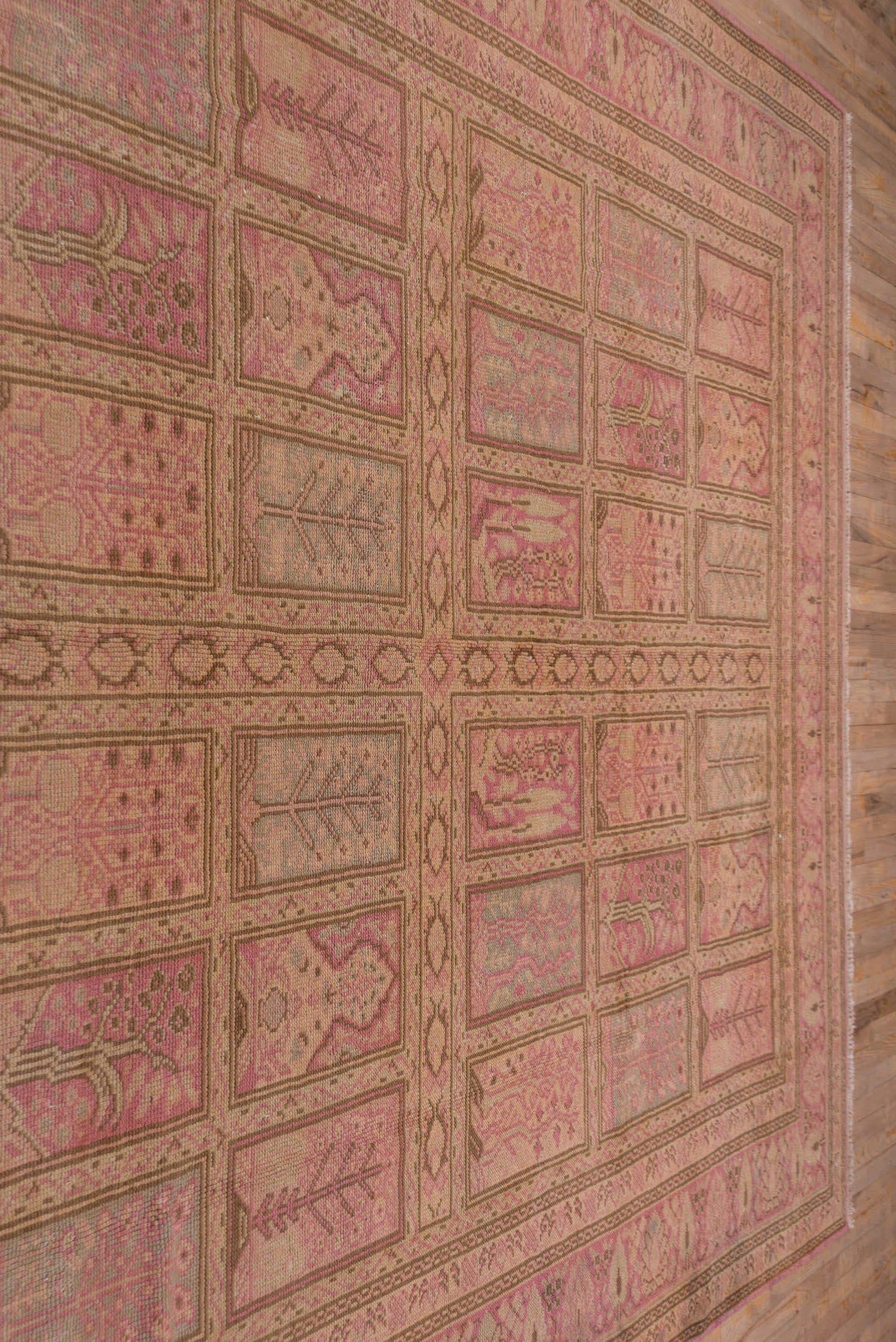 8' x 12' one-of-a-kind handmade antique Oushak large size rug. Color palette: rose, blush, taupe, dusty pink, beige, mauve