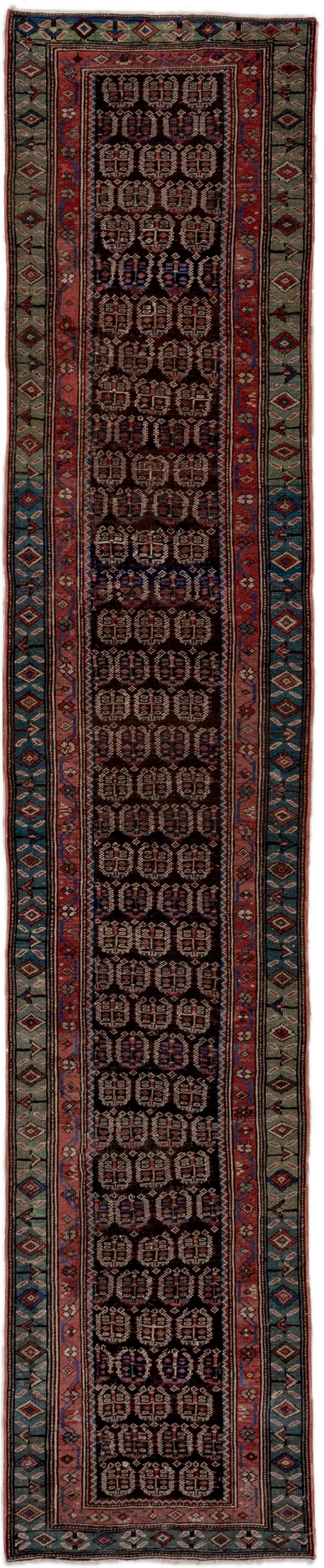 2' x 12' one-of-a-kind handmade antique Caucasian runner rug. Color palette: navy, rust, slate, ivory, rose, teal, charcoal