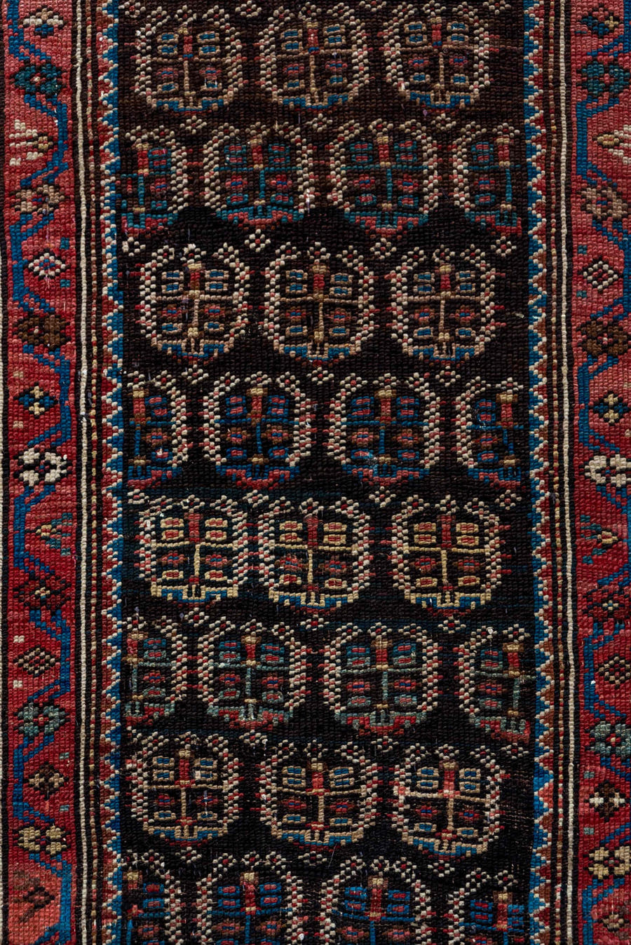 2' x 12' one-of-a-kind handmade antique Caucasian runner rug. Color palette: navy, rust, slate, ivory, rose, teal, charcoal