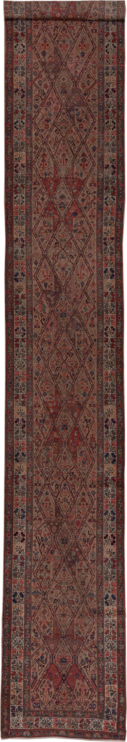 2' x 18' one-of-a-kind handmade antique Cam Hamadan runner rug. Color palette: rust, ivory, indigo, navy, camel, burgundy