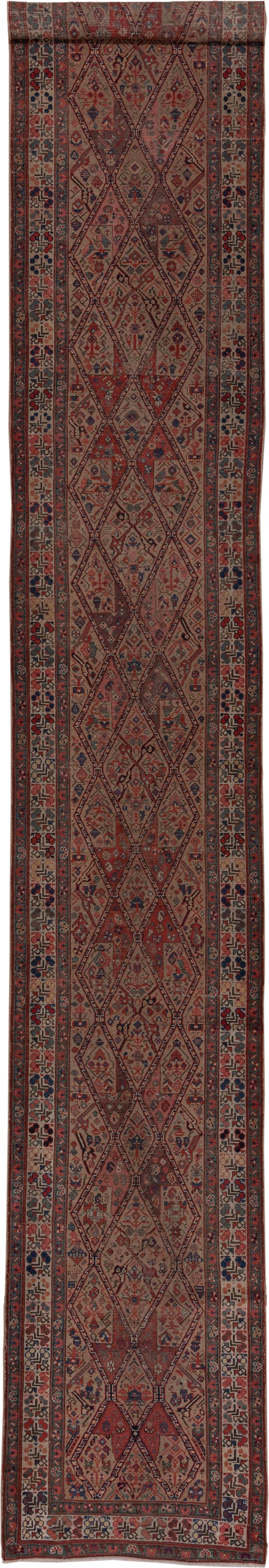 2' x 18' one-of-a-kind handmade antique Cam Hamadan runner rug. Color palette: rust, ivory, indigo, navy, camel, burgundy