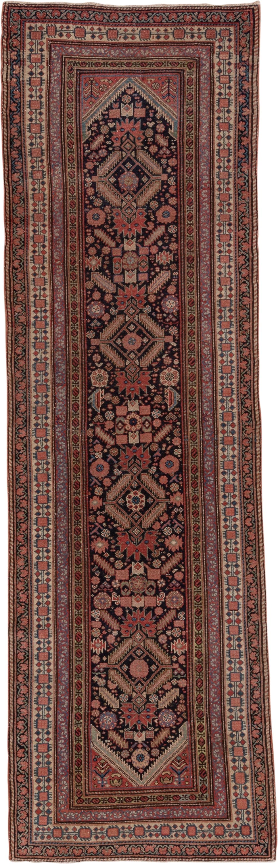 3' x 12' one-of-a-kind handmade antique Malayer runner rug. Color palette: navy, rust, ivory, rose, terracotta, slate, camel