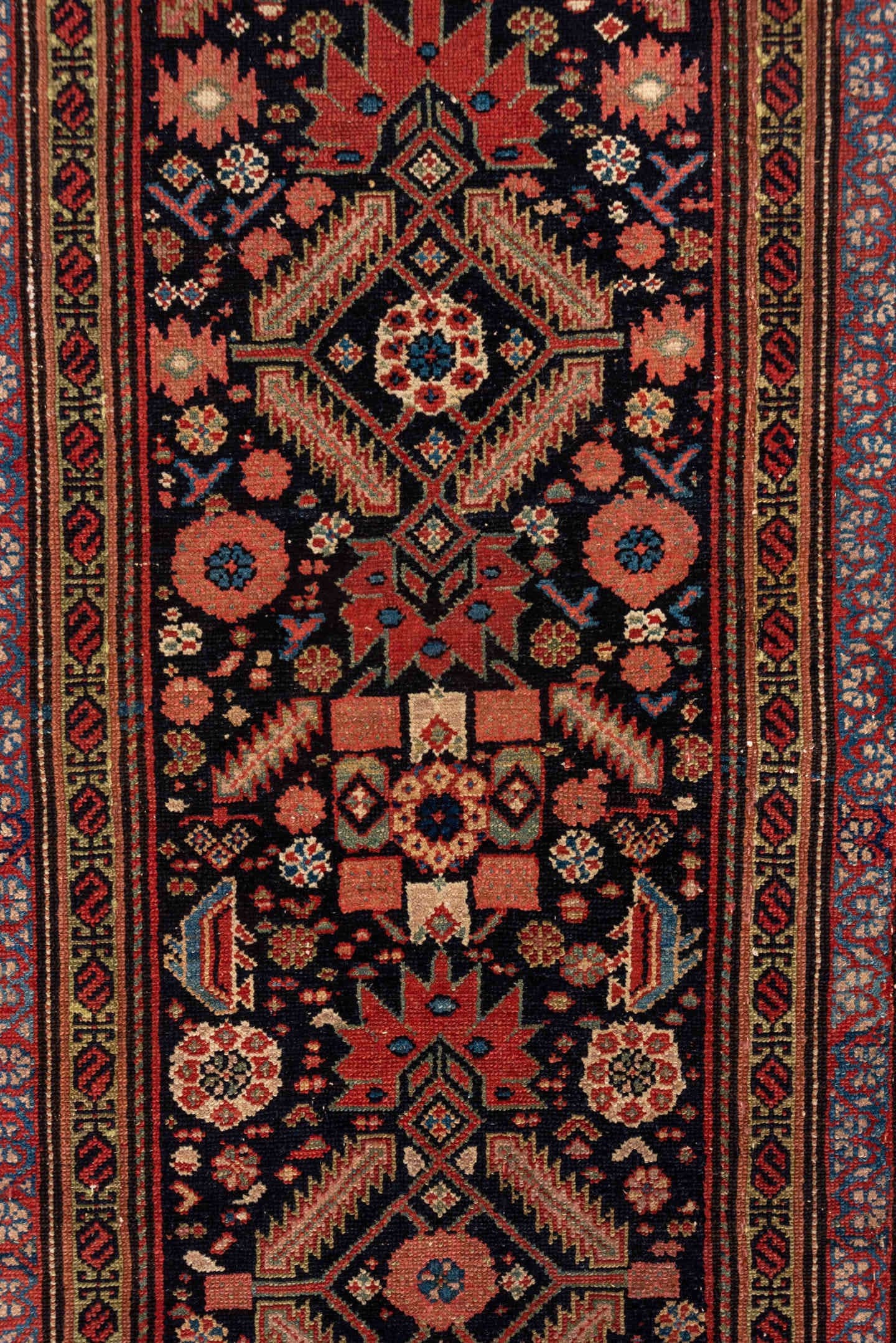 3' x 12' one-of-a-kind handmade antique Malayer runner rug. Color palette: navy, rust, ivory, rose, terracotta, slate, camel