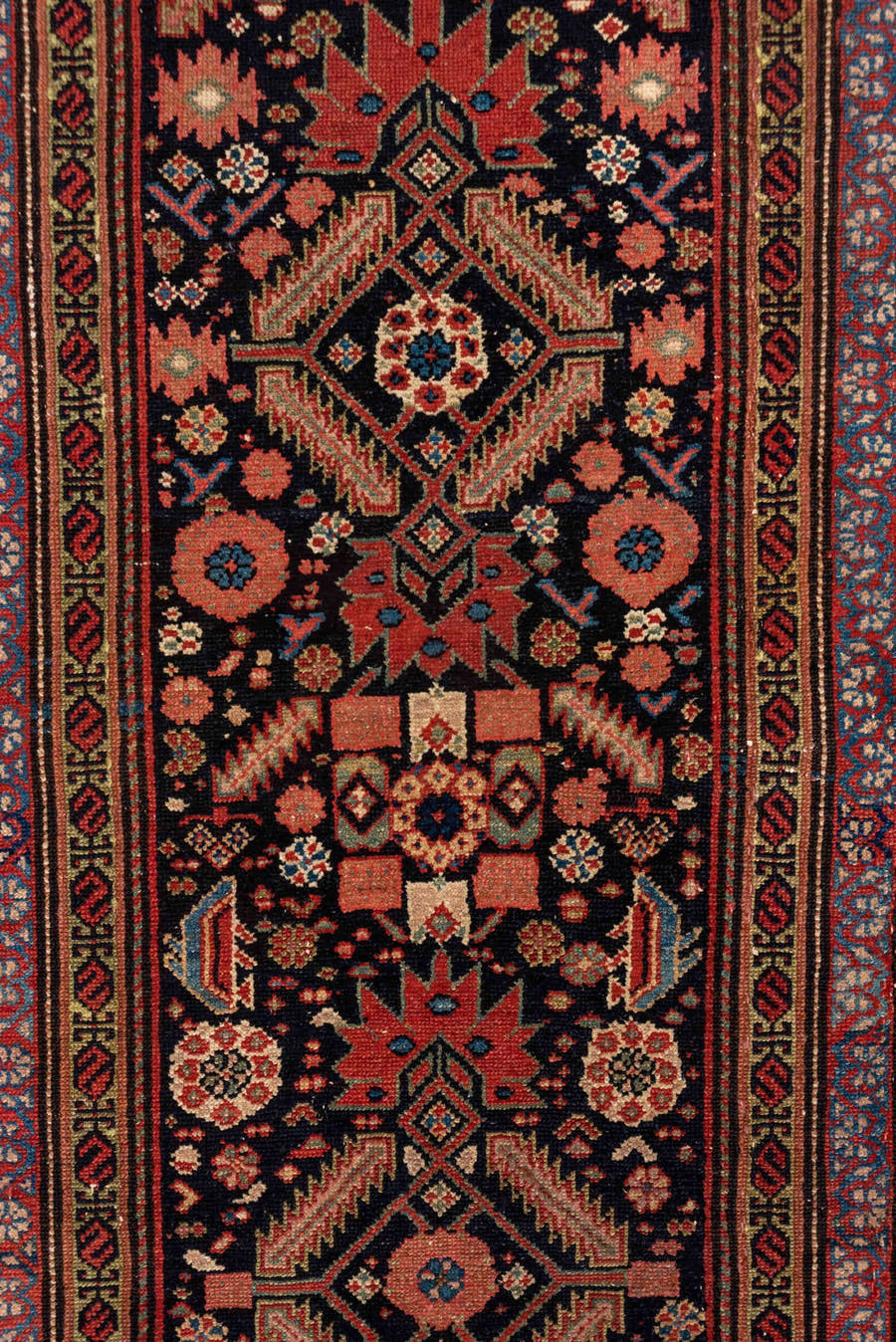 3' x 12' one-of-a-kind handmade antique Malayer runner rug. Color palette: navy, rust, ivory, rose, terracotta, slate, camel