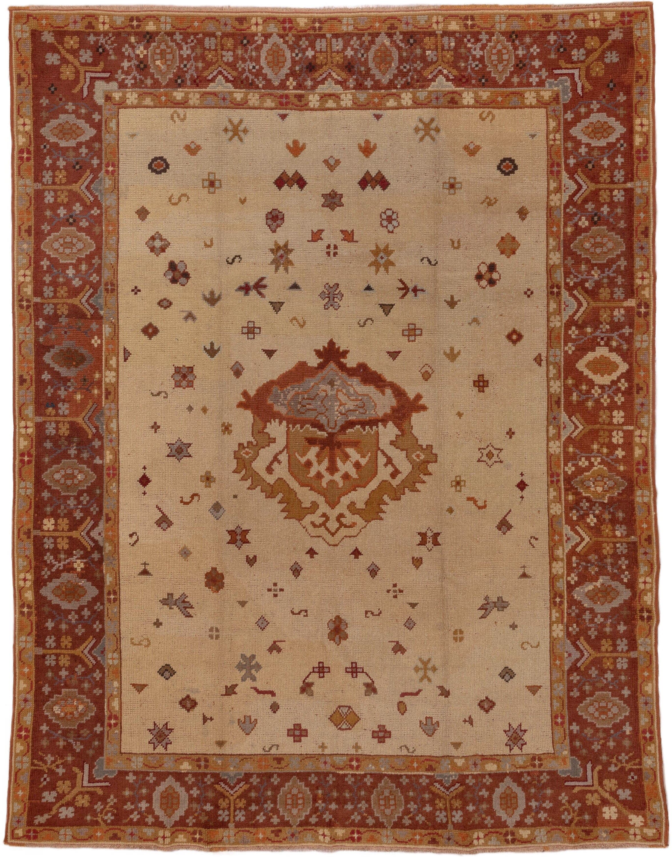 8' x 10' one-of-a-kind handmade antique Oushak large size rug. Color palette: ivory, rust, terra cotta, gold, taupe