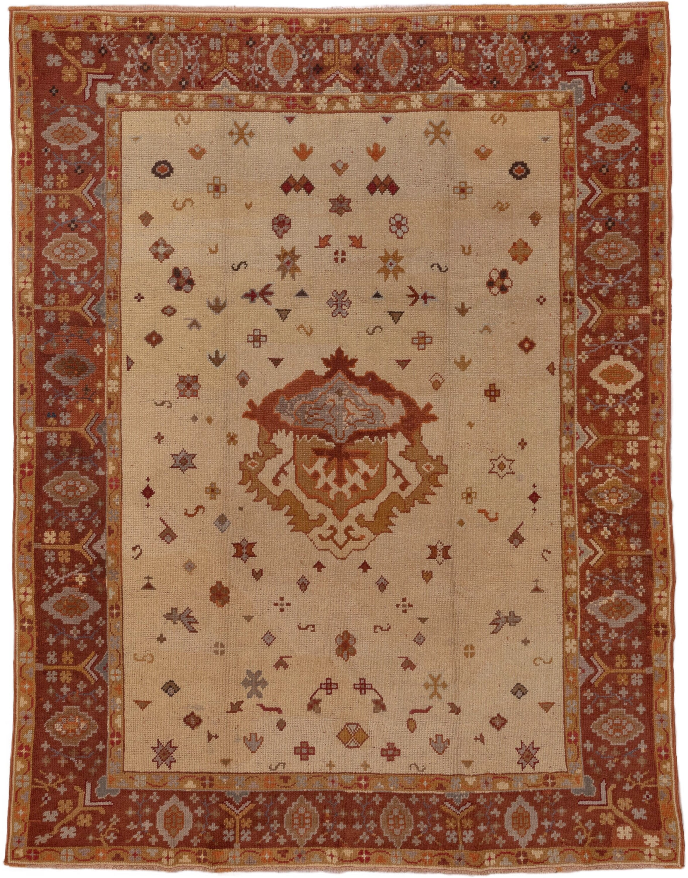 8' x 10' one-of-a-kind handmade antique Oushak large size rug. Color palette: ivory, rust, terra cotta, gold, taupe