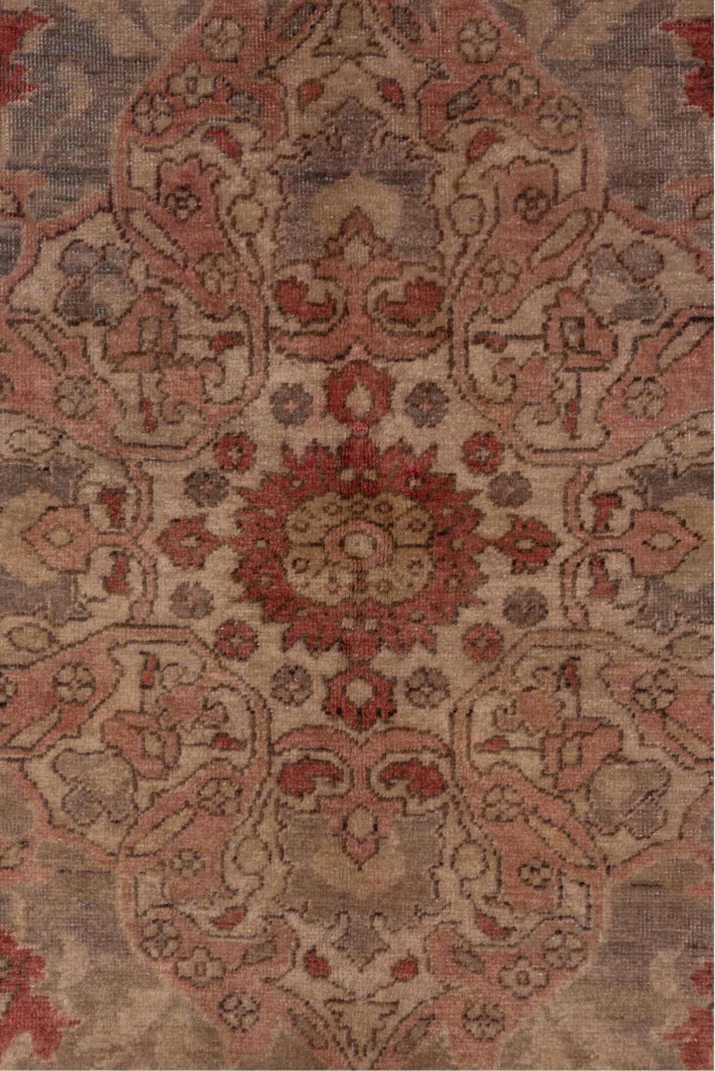 4' x 7' one-of-a-kind handmade antique Oushak rug. Color palette: taupe, rose, rust, ivory, terra cotta, beige, sage, gray
