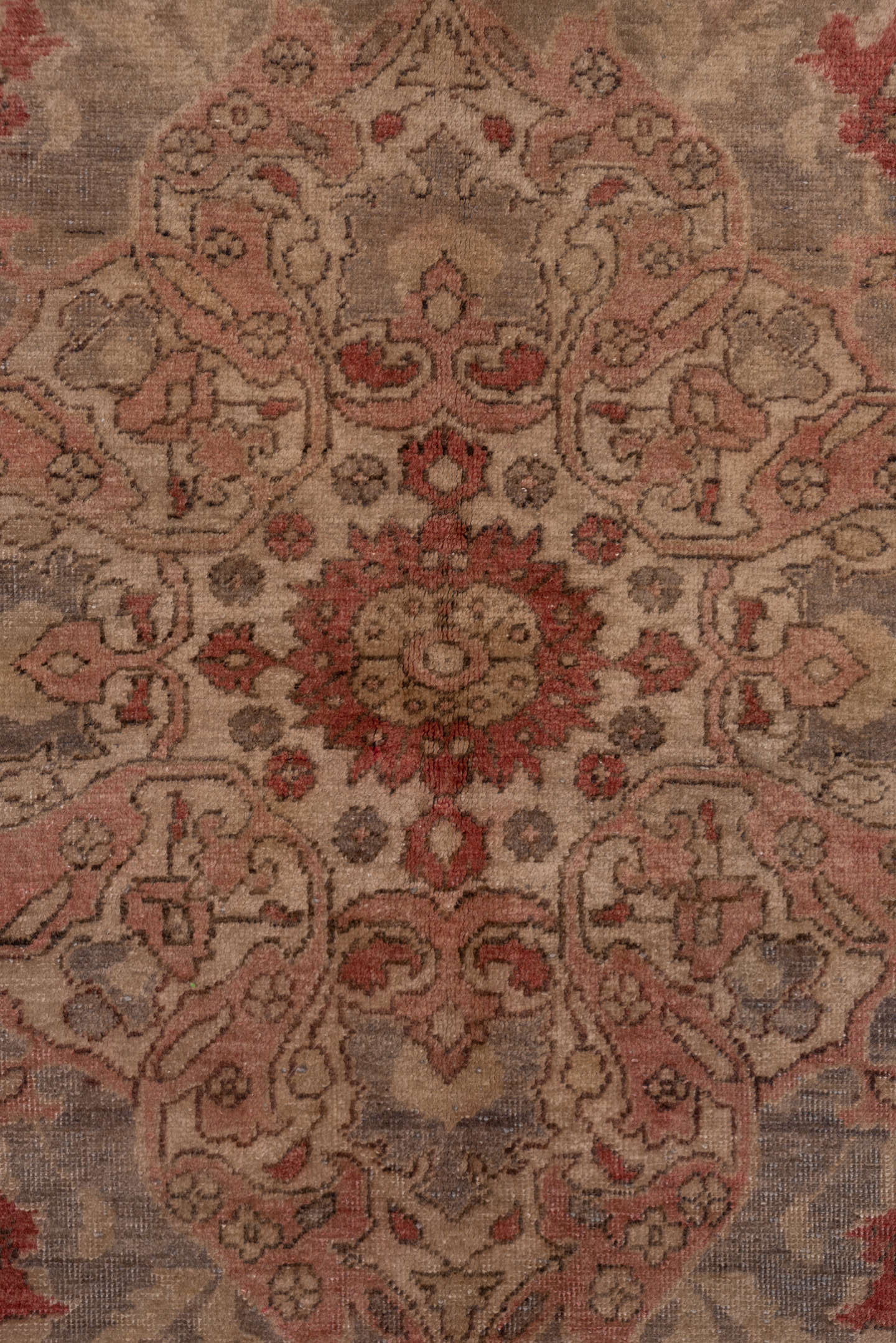 4' x 7' one-of-a-kind handmade antique Oushak rug. Color palette: taupe, rose, rust, ivory, terra cotta, beige, sage, gray