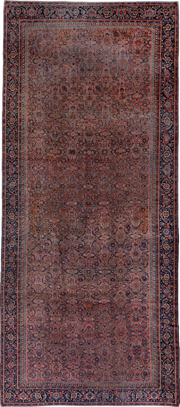 7' x 16' one-of-a-kind handmade antique Karabagh rug. Color palette: rose, navy, terracotta, dusty blue, ivory, rust, slate