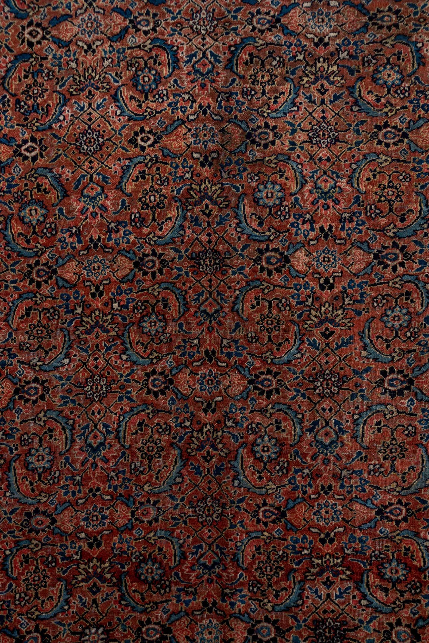 7' x 16' one-of-a-kind handmade antique Karabagh rug. Color palette: rose, navy, terracotta, dusty blue, ivory, rust, slate