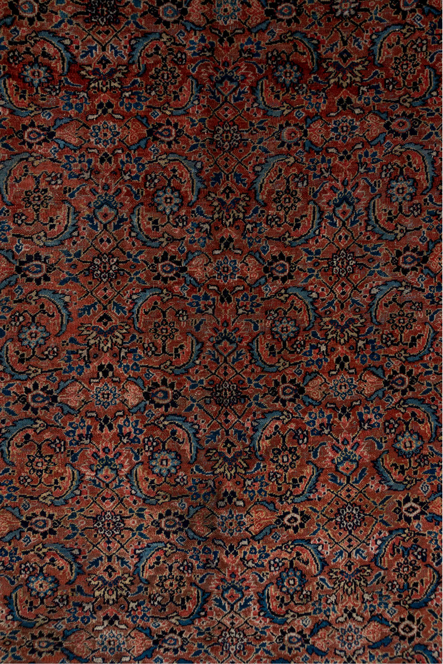 7' x 16' one-of-a-kind handmade antique Karabagh rug. Color palette: rose, navy, terracotta, dusty blue, ivory, rust, slate