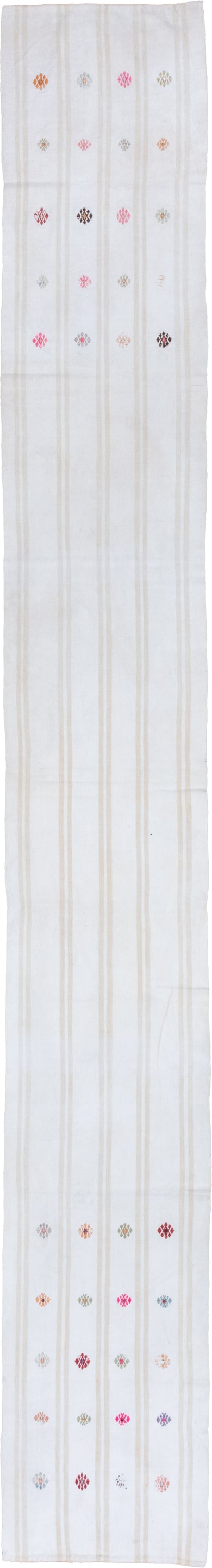 2' x 16' one-of-a-kind handmade antique Flatweave runner rug. Color palette: ivory, cream, rose, rust, gold, taupe, sky blue