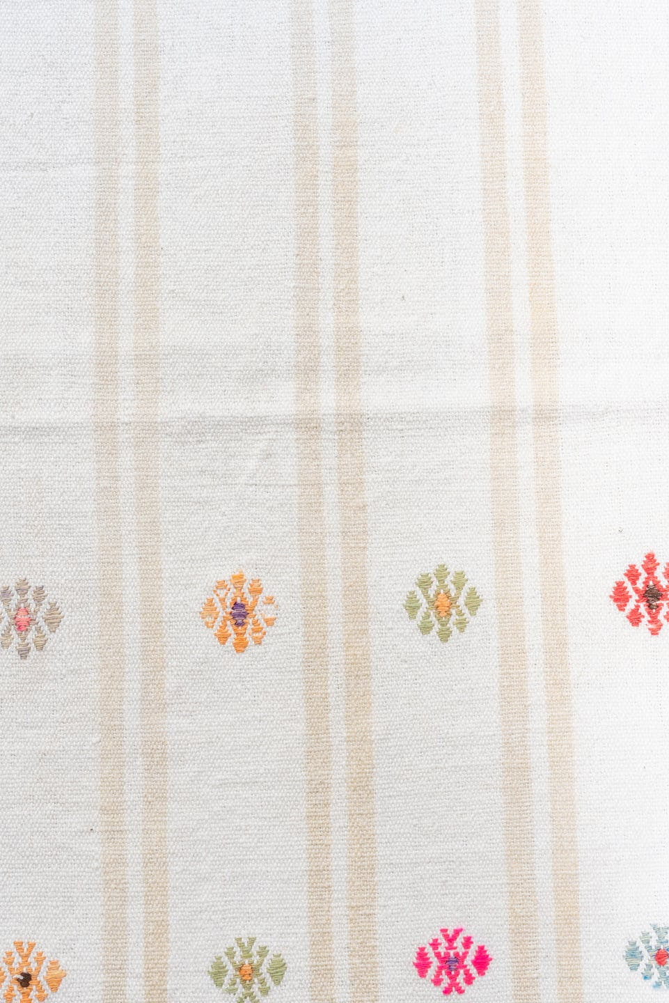 2' x 16' one-of-a-kind handmade antique Flatweave runner rug. Color palette: ivory, cream, rose, rust, gold, taupe, sky blue