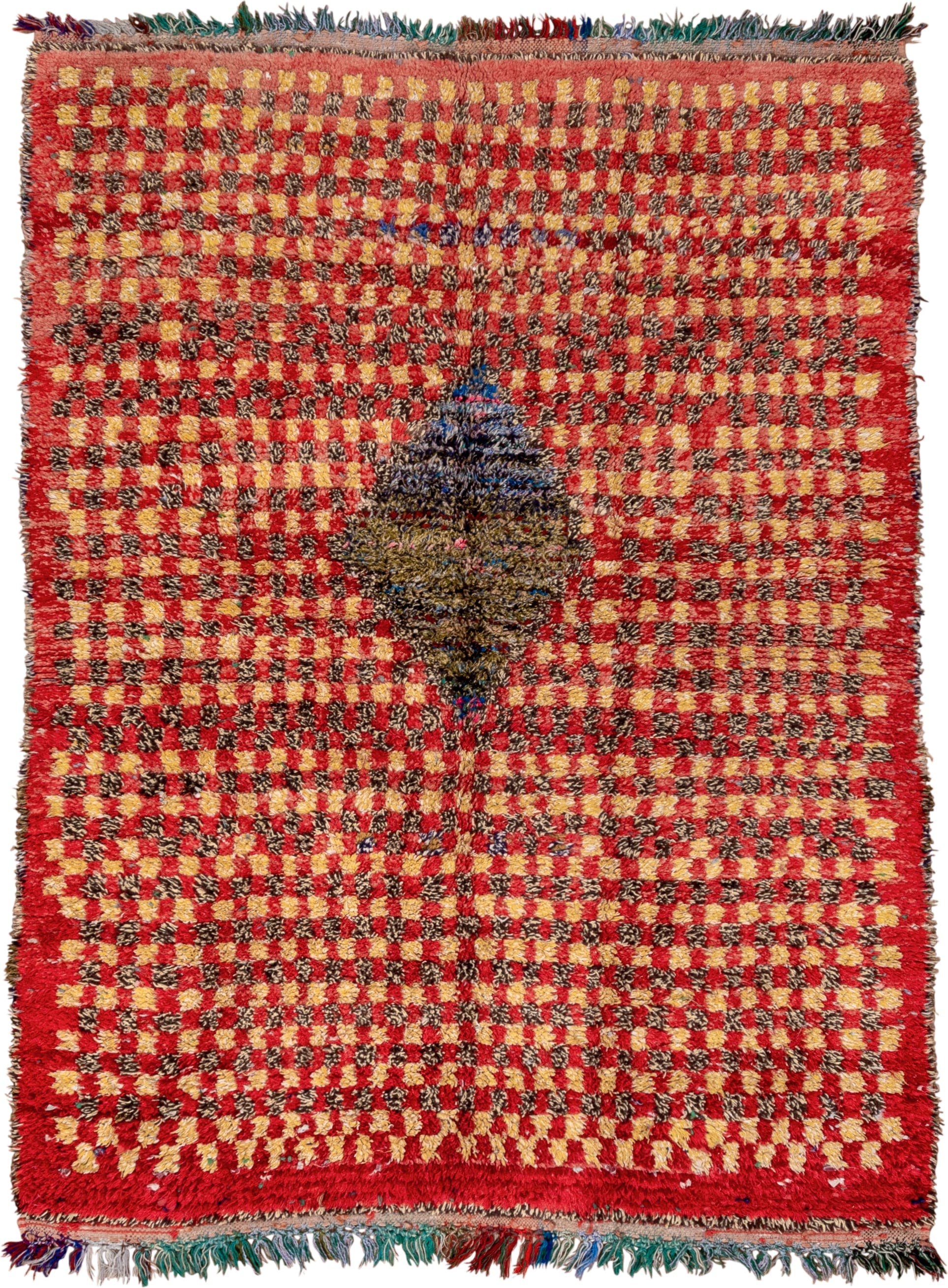 5' x 7' one-of-a-kind handmade vintage Rag Rug rug. Color palette: red, gold, dark brown, rust, blue, teal, ivory, brown