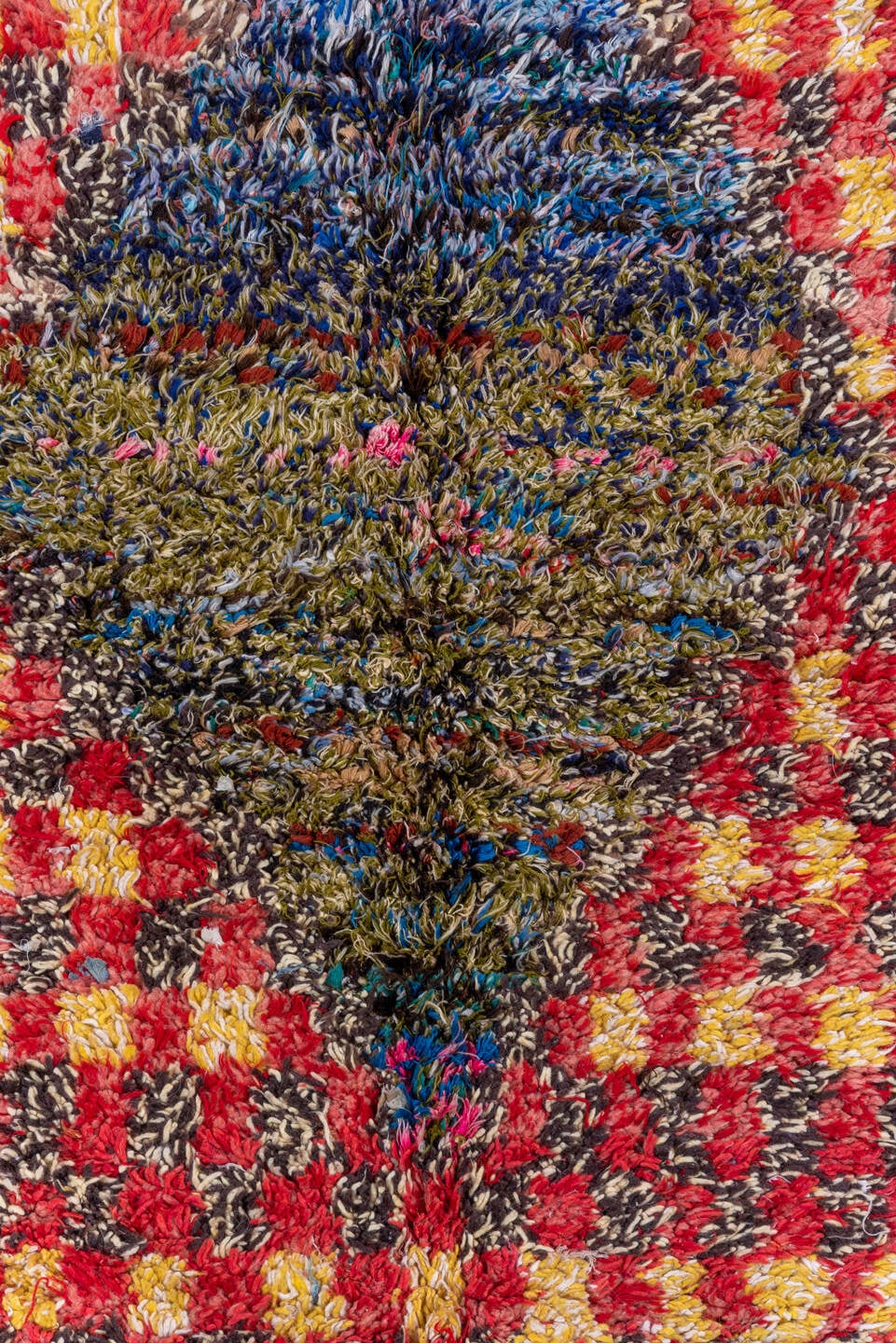 5' x 7' one-of-a-kind handmade vintage Rag Rug rug. Color palette: red, gold, dark brown, rust, blue, teal, ivory, brown