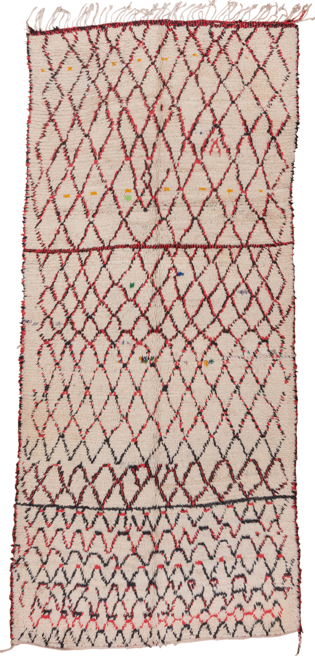 5' x 11' one-of-a-kind handmade vintage Moroccan rug. Color palette: brown, gray, light gray, off-white, pink, red, redwood