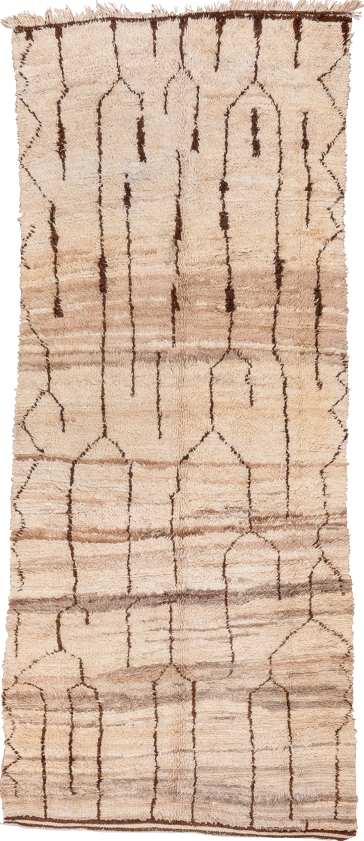 4' x 10' one-of-a-kind handmade vintage Moroccan runner rug. Color palette: antiquewhite, brown, light gray, off-white