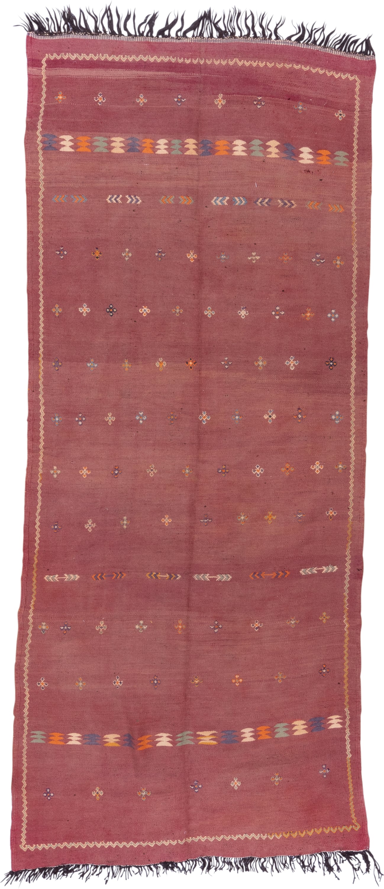 5' x 12' one-of-a-kind handmade vintage Kilim rug. Color palette: rose, dusty pink, ivory, orange, slate, gold, charcoal
