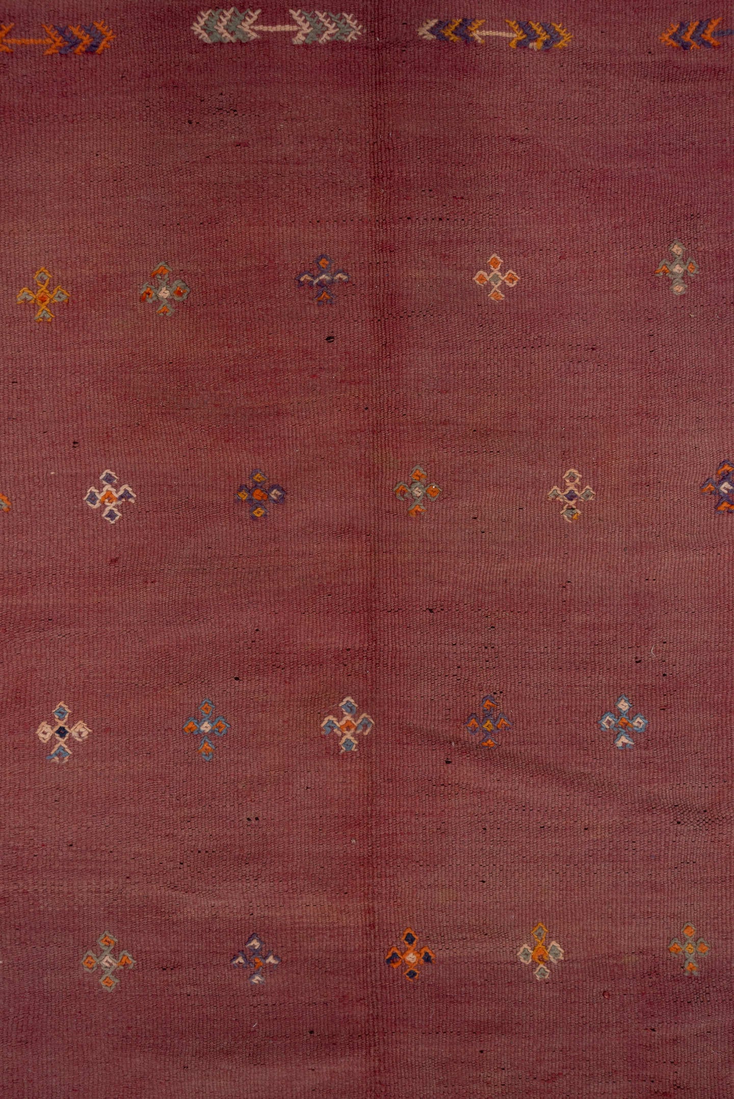 5' x 12' one-of-a-kind handmade vintage Kilim rug. Color palette: rose, dusty pink, ivory, orange, slate, gold, charcoal