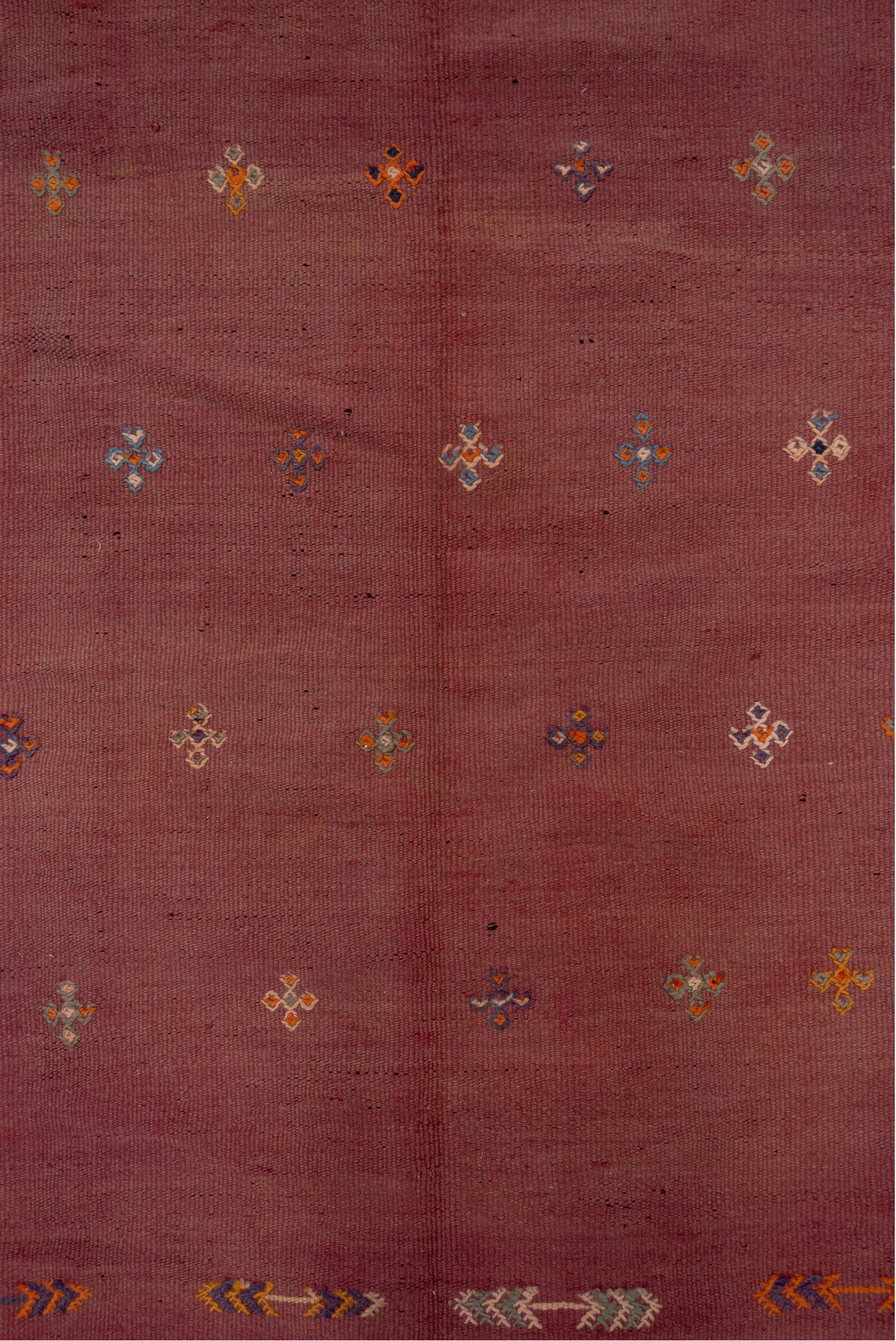 5' x 12' one-of-a-kind handmade vintage Kilim rug. Color palette: rose, dusty pink, ivory, orange, slate, gold, charcoal