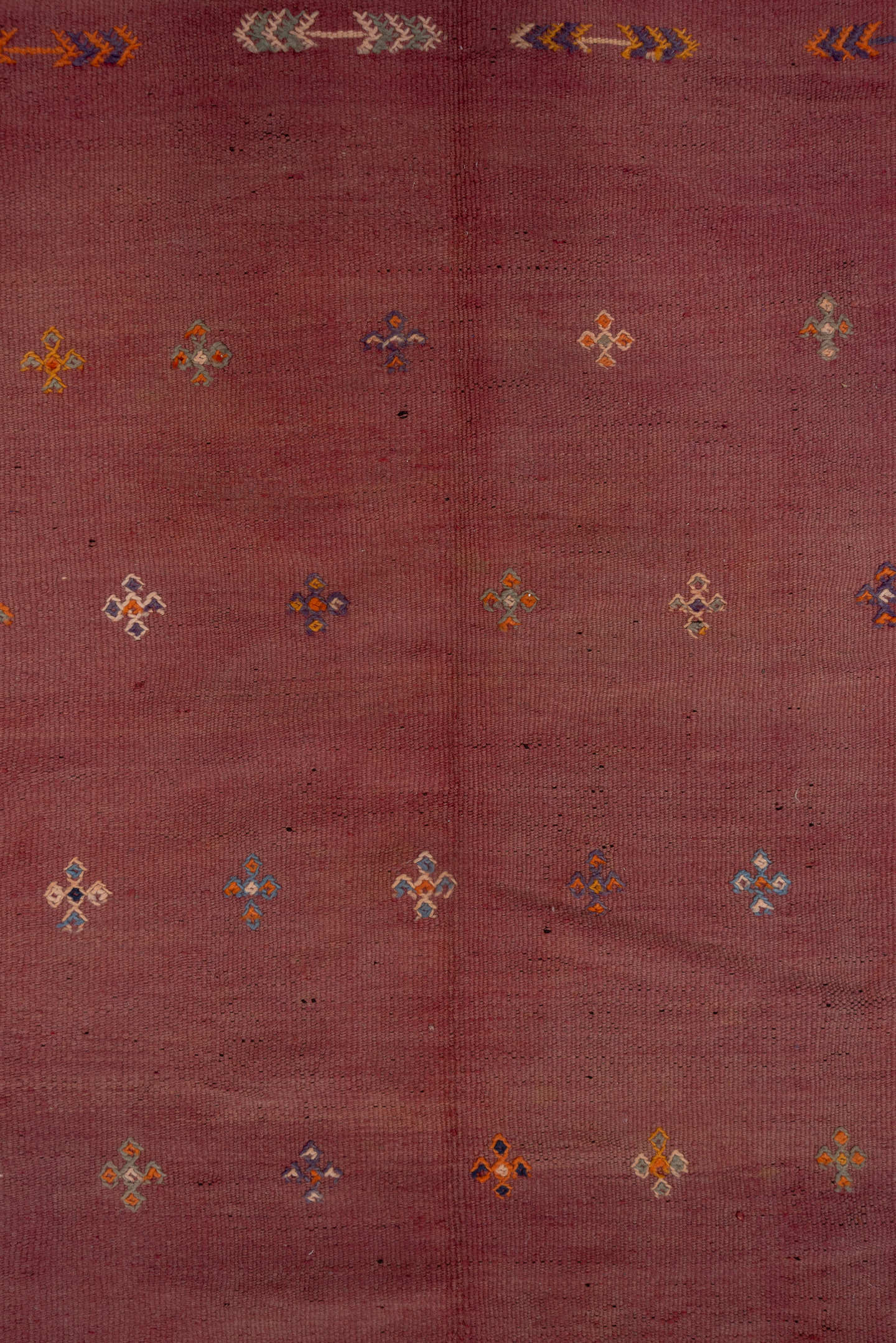 5' x 12' one-of-a-kind handmade vintage Kilim rug. Color palette: rose, dusty pink, ivory, orange, slate, gold, charcoal