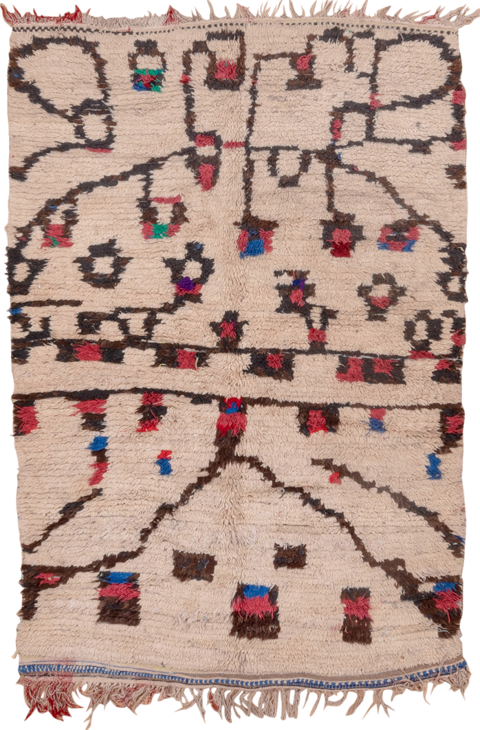 4' x 6' one-of-a-kind handmade vintage Moroccan small size rug. Color palette: blue, brown, gray, green, light gray