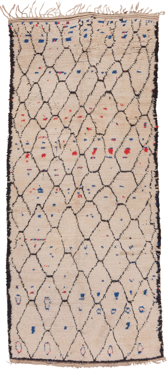 4' x 9' one-of-a-kind handmade vintage Moroccan runner rug. Color palette: ivory, charcoal, cobalt, crimson, gray, black