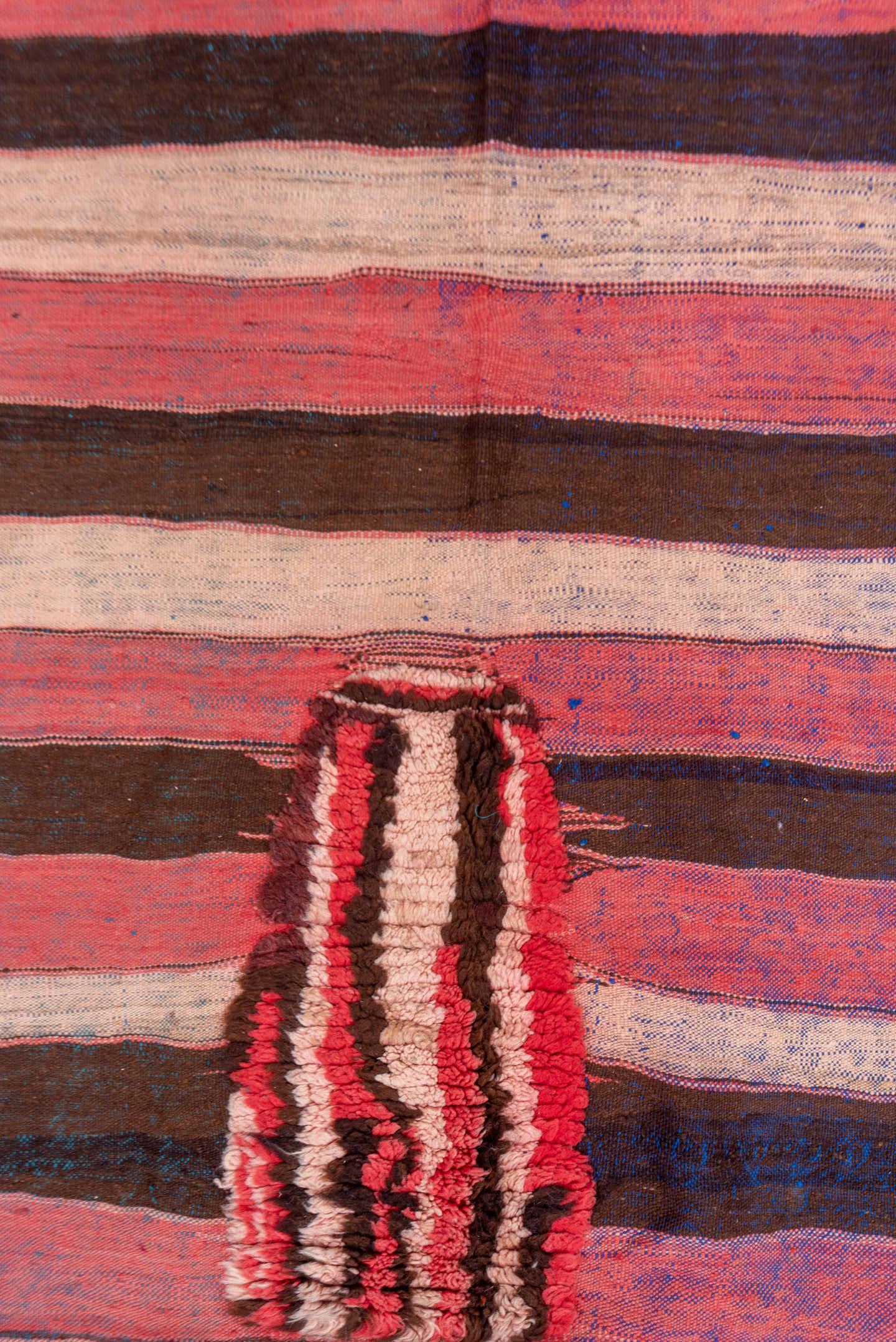 4' x 7' one-of-a-kind handmade vintage Moroccan rug. Color palette: rose, ivory, dark brown, burgundy, indigo, teal, pink
