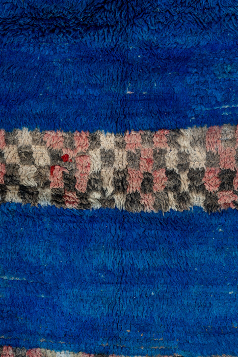 4' x 6' one-of-a-kind handmade vintage Moroccan small size rug. Color palette: cobalt, ivory, blush, charcoal, red, cream