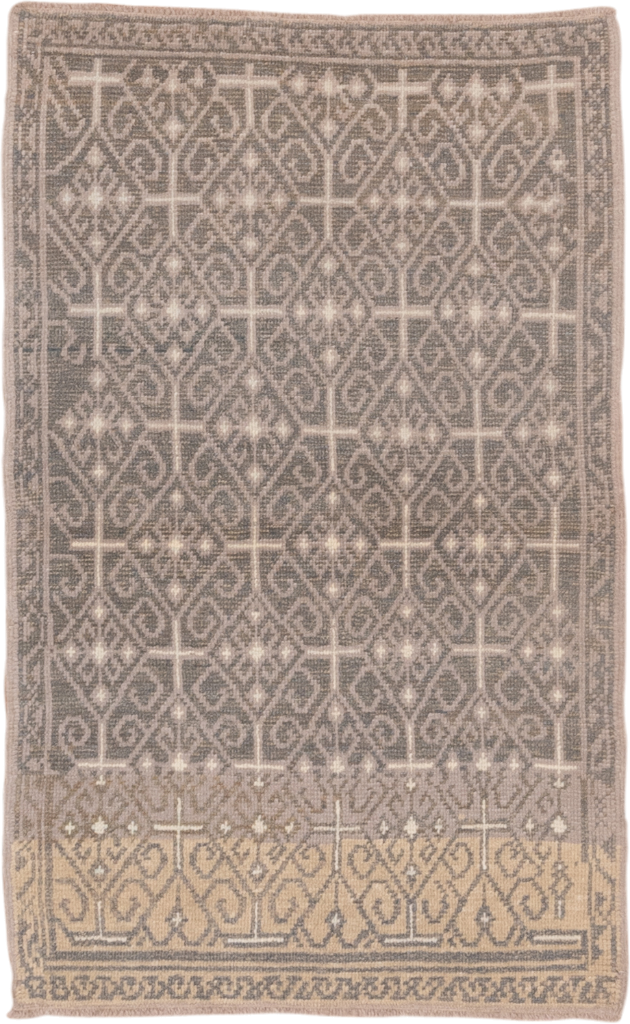 2' x 4' one-of-a-kind handmade vintage Konya small size rug. Color palette: taupe, ivory, beige, brown, camel, gray