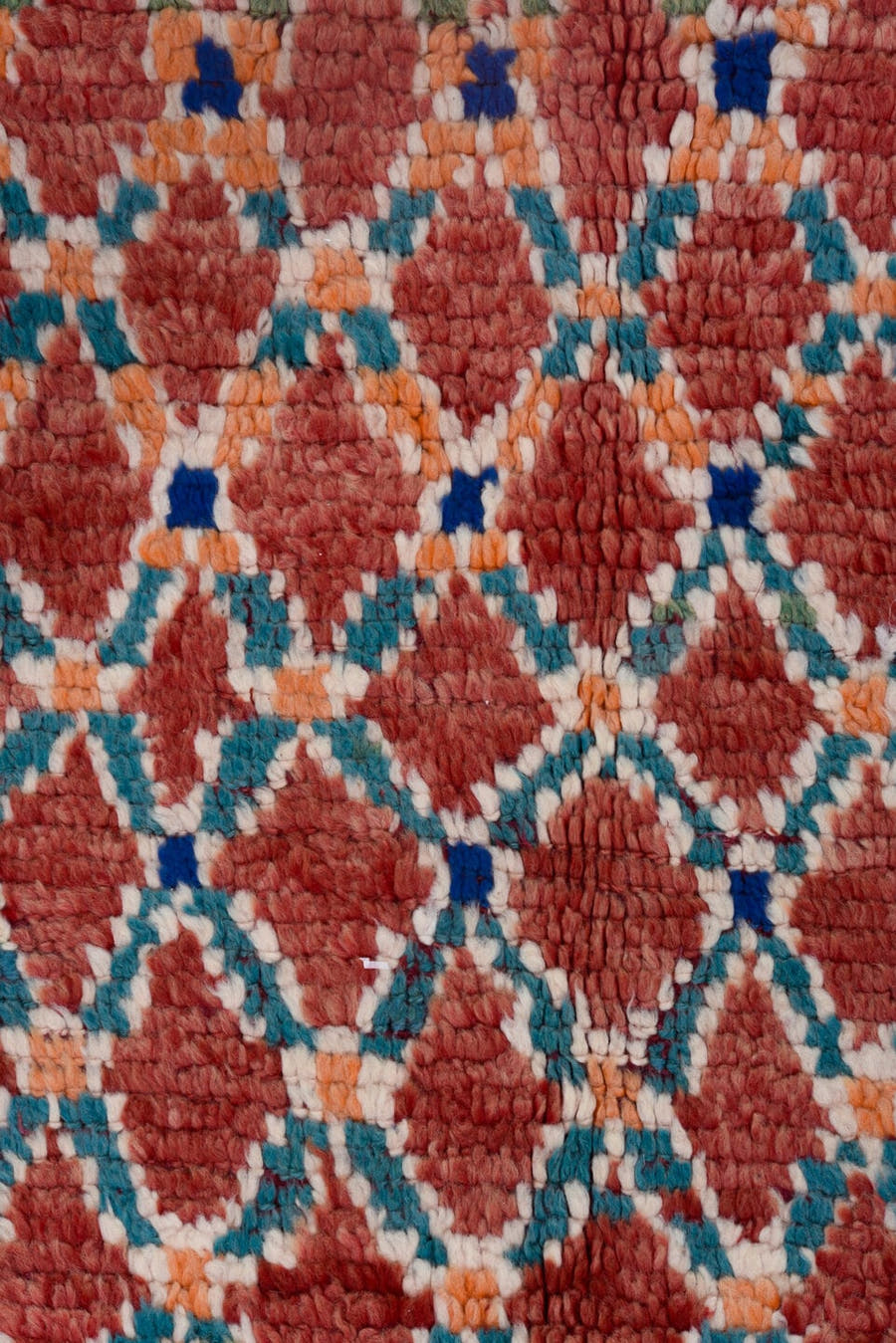 4' x 11' one-of-a-kind handmade antique Moroccan runner rug. Color palette: red, ivory, blue, coral, green, rose, terracotta
