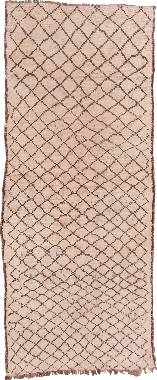 4' x 12' one-of-a-kind handmade vintage Moroccan runner rug. Color palette: brown, gray, light gray, off-white, orange, pink